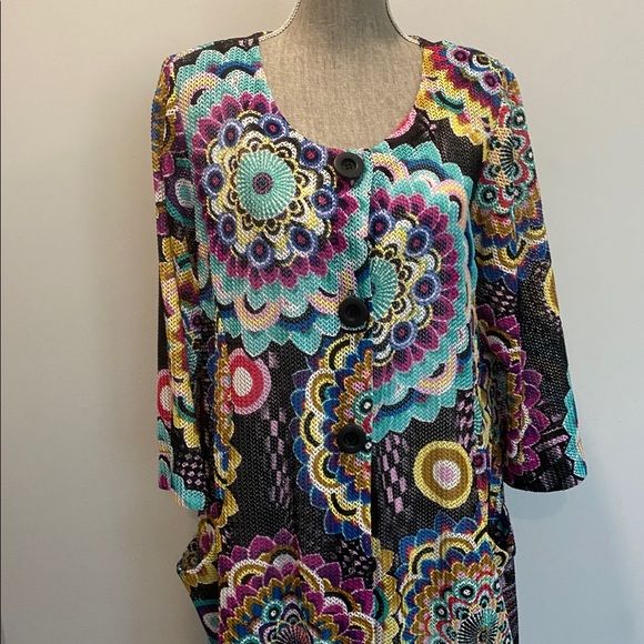 Joseph Ribkoff Multi-Colour Mandala Print Mesh Cardigan Size Large Artsy Boho - Picture 6 of 15
